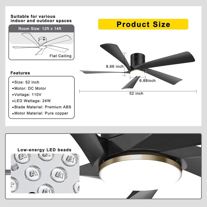 52 in. Ceiling Fan with Low Profile Light Remote APP Control, Modern Indoor Outdoor Silent Flush Mount Ceiling Fan-6-ErisView