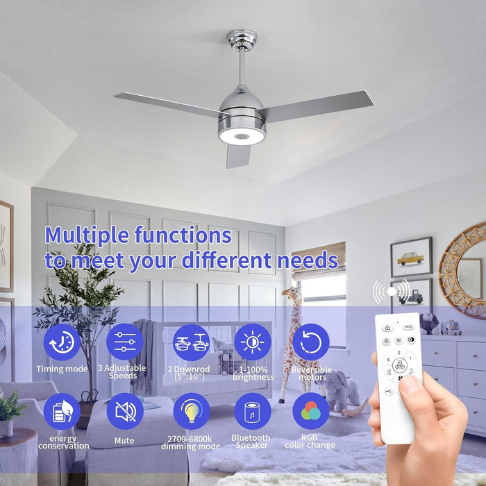 52 in. Ceiling Fan with RGB Dimming LED Light Music Bluetooth Speaker Remote Control, Reversible Ceiling Fan Summer Winter for Living Room Bedroom-26-ErisView