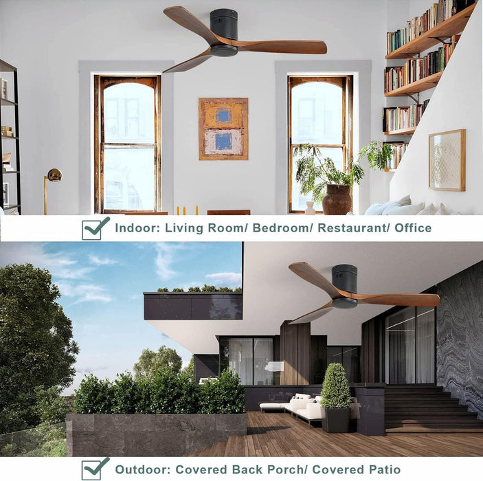 52 in. Ceiling Fan with Remote, Low Profile Flush Mount Ceiling Fans without Lights, 3 Walnut Wood Quiet Reversible DC Ceiling Fan with Timer-2-ErisView