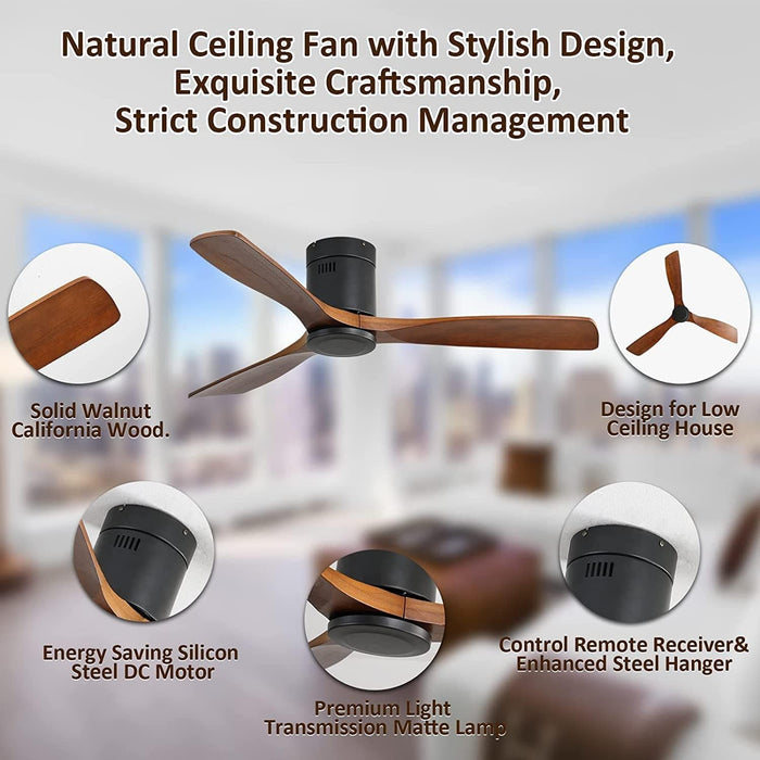 52 in. Ceiling Fan with Remote, Low Profile Flush Mount Ceiling Fans without Lights, 3 Walnut Wood Quiet Reversible DC Ceiling Fan with Timer-4-ErisView