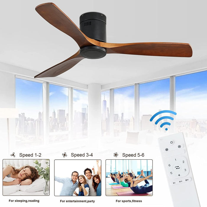 52 in. Ceiling Fan with Remote, Low Profile Flush Mount Ceiling Fans without Lights, 3 Walnut Wood Quiet Reversible DC Ceiling Fan with Timer-6-ErisView