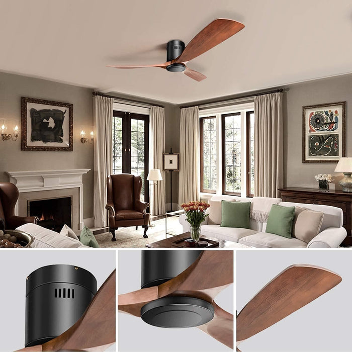 52 in. Ceiling Fan with Remote, Low Profile Flush Mount Ceiling Fans without Lights, 3 Walnut Wood Quiet Reversible DC Ceiling Fan with Timer-7-ErisView