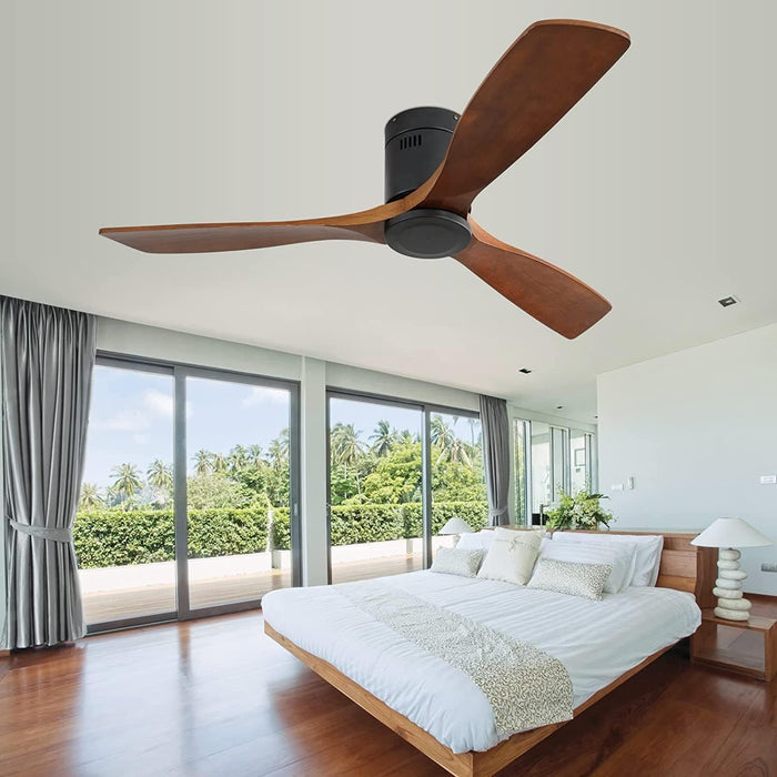 52 in. Ceiling Fan with Remote, Low Profile Flush Mount Ceiling Fans without Lights, 3 Walnut Wood Quiet Reversible DC Ceiling Fan with Timer-9-ErisView
