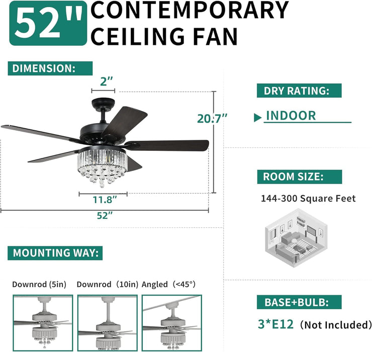 52 in. Chandelier Ceiling Fan with Remote, Crystal Fan Light, Indoor Silent Reversible Fan for Summer Winter-5-ErisView