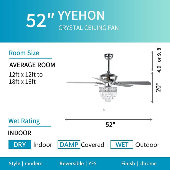 52 in. Chrome Crystal Ceiling Fan with Lights and Remote, Modern Quiet Chandelier Fanderlier Ceiling Fans for Living Room Dining Room Bedroom-3-ErisView