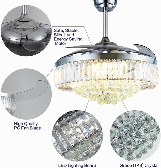 52 in. Chrome Dimmable Chandelier Ceiling Fan with Lights, Retractable Crystal Ceiling Fan Chandelier with Remote Control for Bedroom Living Room -10-ErisView