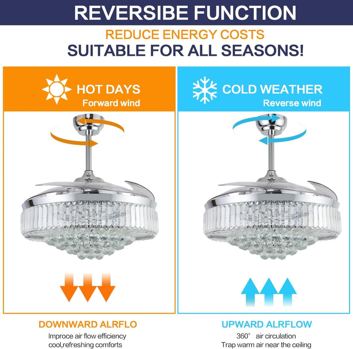 52 in. Chrome Dimmable Chandelier Ceiling Fan with Lights, Retractable Crystal Ceiling Fan Chandelier with Remote Control for Bedroom Living Room -11-ErisView