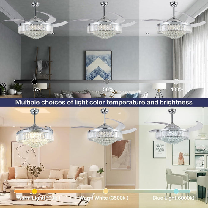 52 in. Chrome Dimmable Chandelier Ceiling Fan with Lights, Retractable Crystal Ceiling Fan Chandelier with Remote Control for Bedroom Living Room -12-ErisView