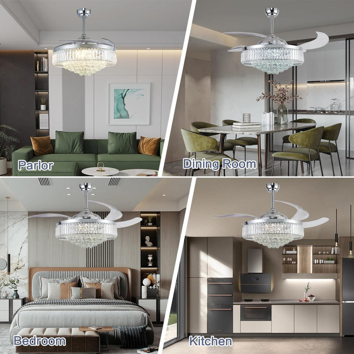 52 in. Chrome Dimmable Chandelier Ceiling Fan with Lights, Retractable Crystal Ceiling Fan Chandelier with Remote Control for Bedroom Living Room -13-ErisView