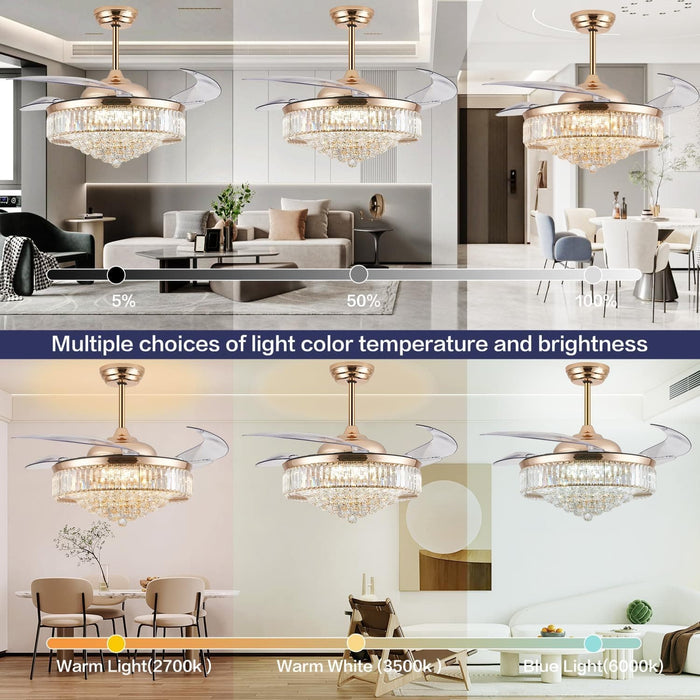 52 in. Chrome Dimmable Chandelier Ceiling Fan with Lights, Retractable Crystal Ceiling Fan Chandelier with Remote Control for Bedroom Living Room -15-ErisView