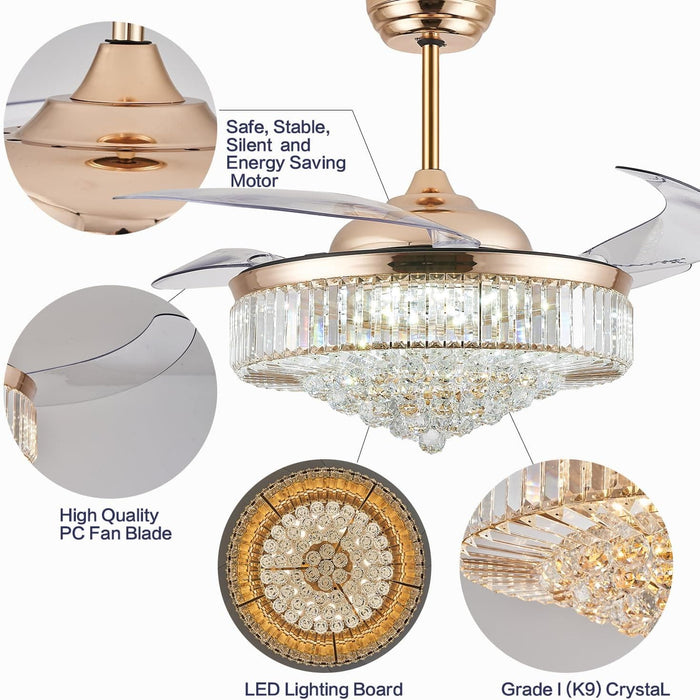 52 in. Chrome Dimmable Chandelier Ceiling Fan with Lights, Retractable Crystal Ceiling Fan Chandelier with Remote Control for Bedroom Living Room -16-ErisView