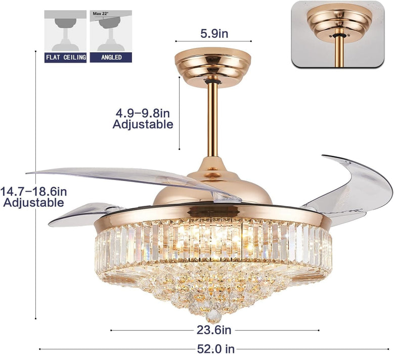 52 in. Chrome Dimmable Chandelier Ceiling Fan with Lights, Retractable Crystal Ceiling Fan Chandelier with Remote Control for Bedroom Living Room -17-ErisView