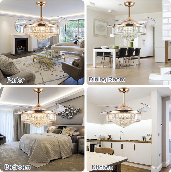 52 in. Chrome Dimmable Chandelier Ceiling Fan with Lights, Retractable Crystal Ceiling Fan Chandelier with Remote Control for Bedroom Living Room -18-ErisView