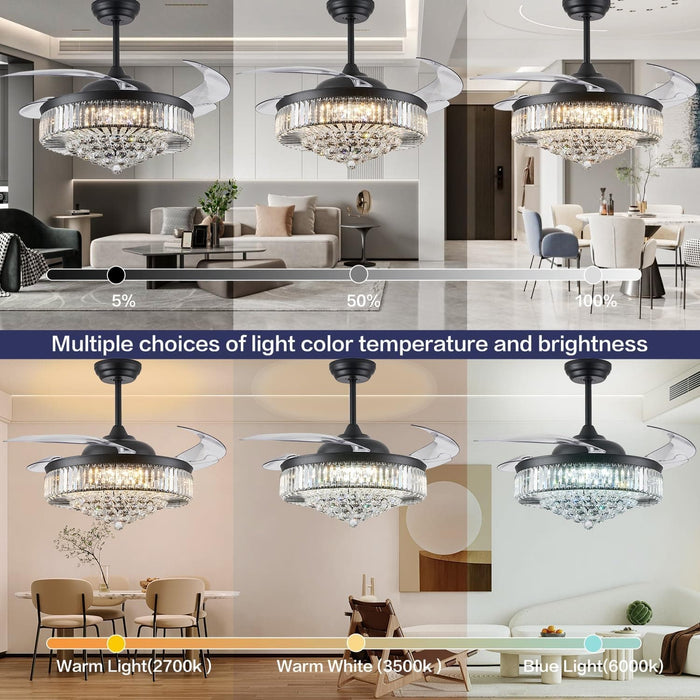52 in. Chrome Dimmable Chandelier Ceiling Fan with Lights, Retractable Crystal Ceiling Fan Chandelier with Remote Control for Bedroom Living Room -2-ErisView