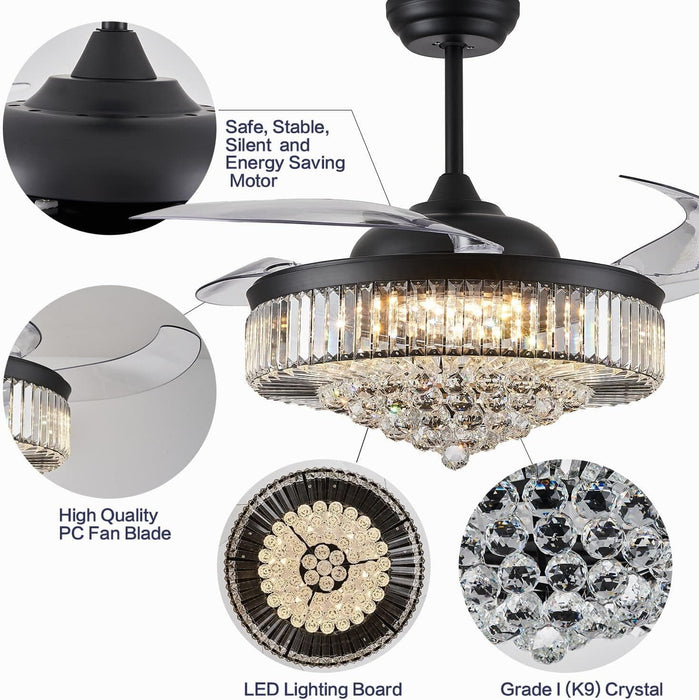 52 in. Chrome Dimmable Chandelier Ceiling Fan with Lights, Retractable Crystal Ceiling Fan Chandelier with Remote Control for Bedroom Living Room -3-ErisView