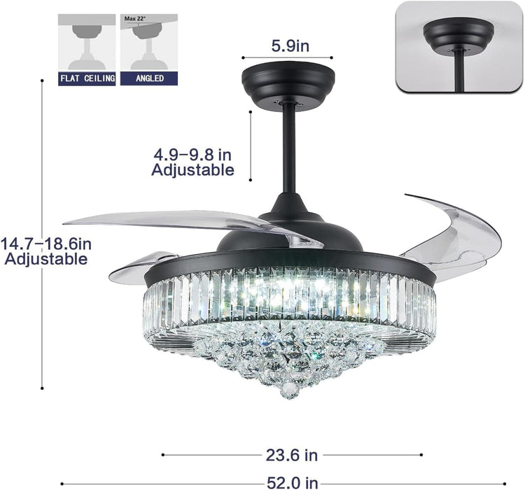 52 in. Chrome Dimmable Chandelier Ceiling Fan with Lights, Retractable Crystal Ceiling Fan Chandelier with Remote Control for Bedroom Living Room -4-ErisView