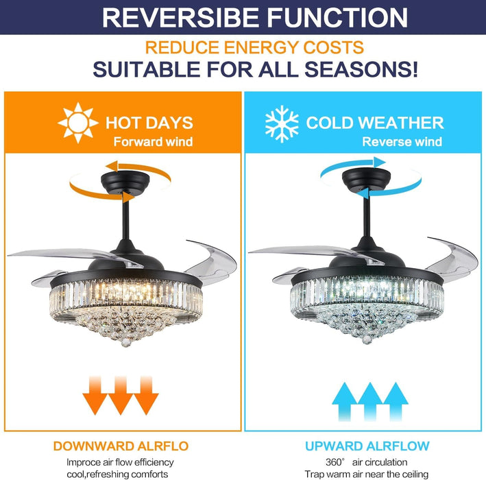 52 in. Chrome Dimmable Chandelier Ceiling Fan with Lights, Retractable Crystal Ceiling Fan Chandelier with Remote Control for Bedroom Living Room -5-ErisView