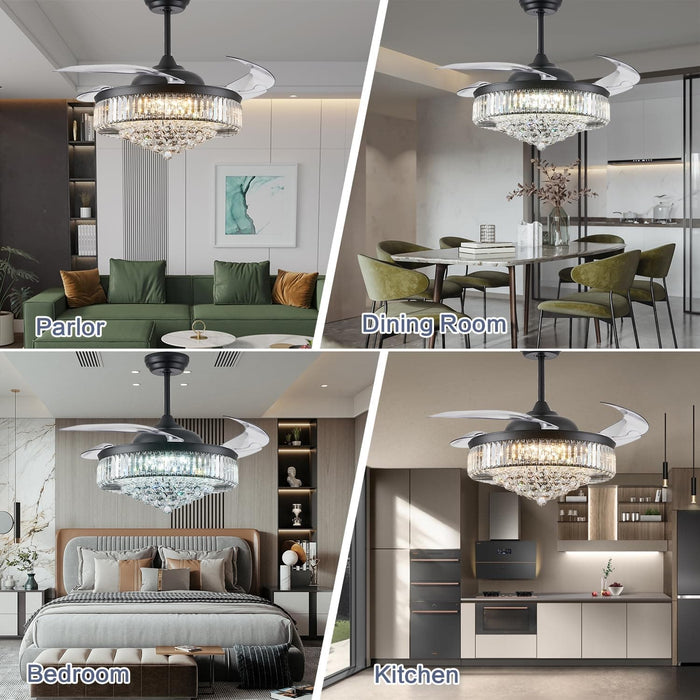 52 in. Chrome Dimmable Chandelier Ceiling Fan with Lights, Retractable Crystal Ceiling Fan Chandelier with Remote Control for Bedroom Living Room -6-ErisView