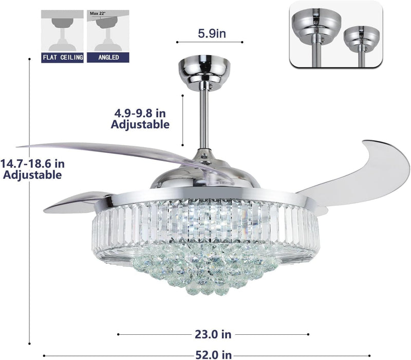 52 in. Chrome Dimmable Chandelier Ceiling Fan with Lights, Retractable Crystal Ceiling Fan Chandelier with Remote Control for Bedroom Living Room -9-ErisView