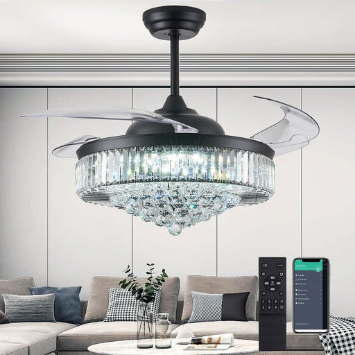52 in. Chrome Dimmable Chandelier Ceiling Fan with Lights, Retractable Crystal Ceiling Fan Chandelier with Remote Control for Bedroom Living Room -1-ErisView