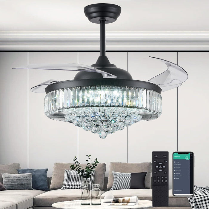 52 in. Chrome Dimmable Chandelier Ceiling Fan with Lights, Retractable Crystal Ceiling Fan Chandelier with Remote Control for Bedroom Living Room -1-ErisView