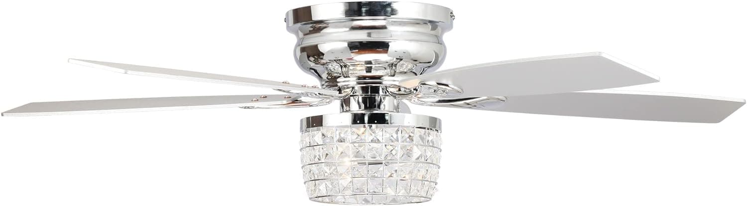 52 in. Chrome Remote Control Ceiling Fan and Light, Flush Mount Ceiling Fan with Light, Low Profile Crystal Chandelier Ceiling Fan for Bedroom-2-ErisView