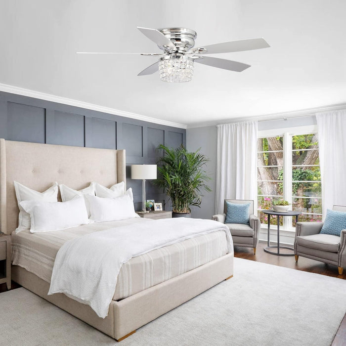52 in. Chrome Remote Control Ceiling Fan and Light, Flush Mount Ceiling Fan with Light, Low Profile Crystal Chandelier Ceiling Fan for Bedroom-3-ErisView