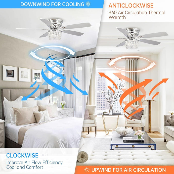52 in. Chrome Remote Control Ceiling Fan and Light, Flush Mount Ceiling Fan with Light, Low Profile Crystal Chandelier Ceiling Fan for Bedroom-4-ErisView