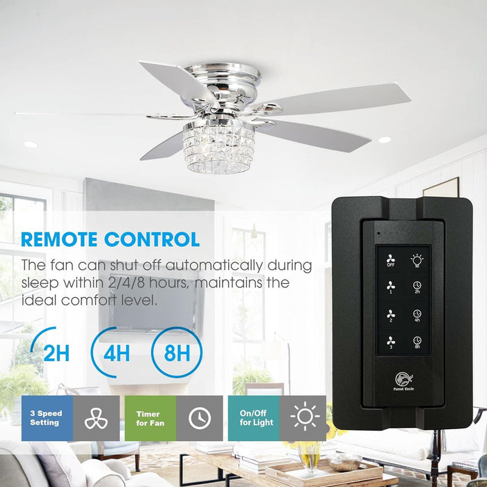 52 in. Chrome Remote Control Ceiling Fan and Light, Flush Mount Ceiling Fan with Light, Low Profile Crystal Chandelier Ceiling Fan for Bedroom-5-ErisView