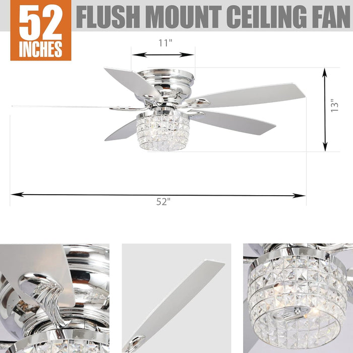 52 in. Chrome Remote Control Ceiling Fan and Light, Flush Mount Ceiling Fan with Light, Low Profile Crystal Chandelier Ceiling Fan for Bedroom-6-ErisView