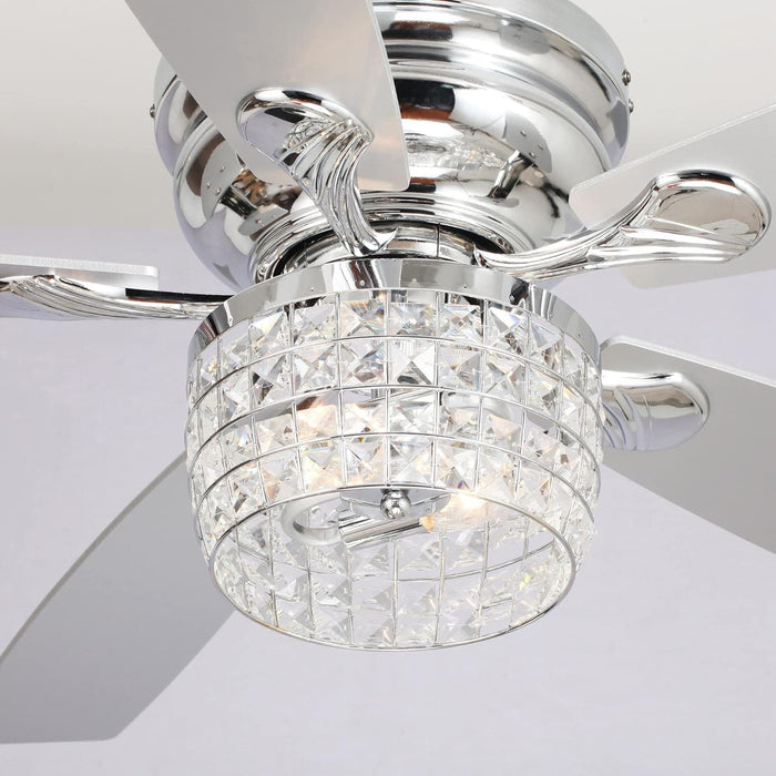 52 in. Chrome Remote Control Ceiling Fan and Light, Flush Mount Ceiling Fan with Light, Low Profile Crystal Chandelier Ceiling Fan for Bedroom-7-ErisView