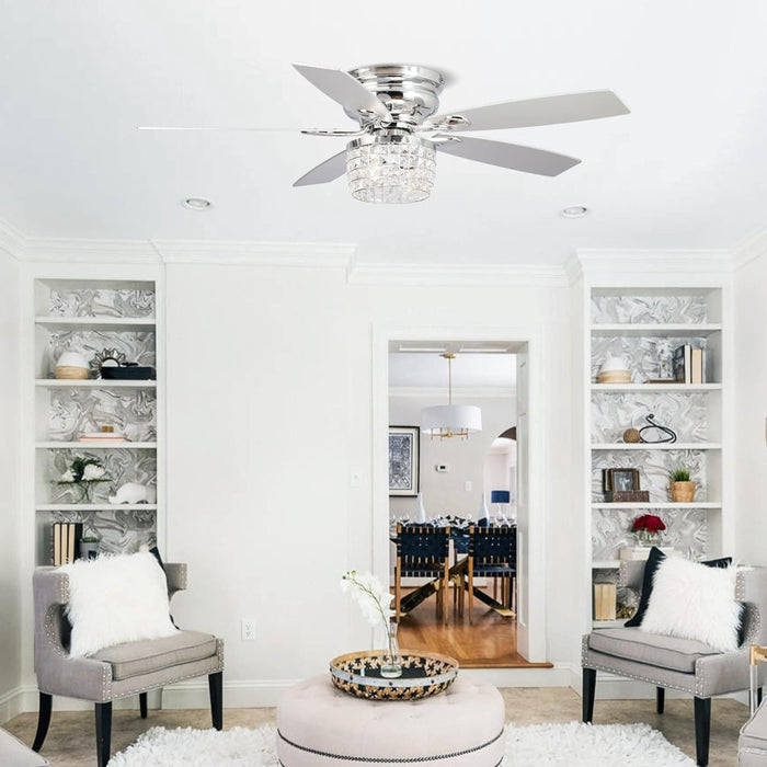 52 in. Chrome Remote Control Ceiling Fan and Light, Flush Mount Ceiling Fan with Light, Low Profile Crystal Chandelier Ceiling Fan for Bedroom-8-ErisView