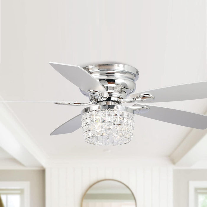 52 in. Chrome Remote Control Ceiling Fan and Light, Flush Mount Ceiling Fan with Light, Low Profile Crystal Chandelier Ceiling Fan for Bedroom-9-ErisView