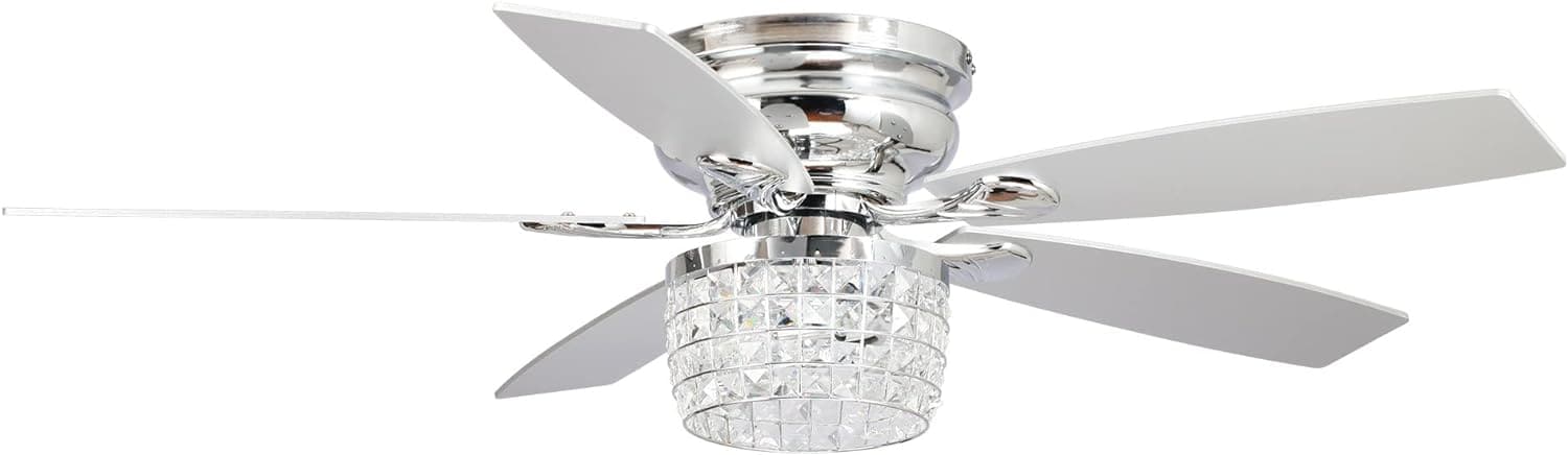 52 in. Chrome Remote Control Ceiling Fan and Light, Flush Mount Ceiling Fan with Light, Low Profile Crystal Chandelier Ceiling Fan for Bedroom-1-ErisView