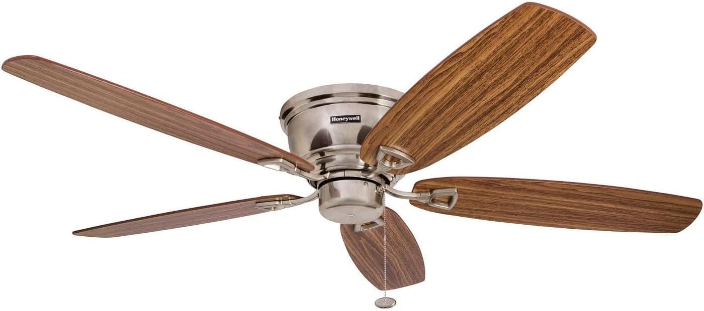 52 in. Classic Flush Mount Indoor LED Ceiling Fan with Light, Pull Chain, Quick-2-Hang, Fast Ceiling Fan Summer Winter, Brushed Nickel Ceiling Fan-10-ErisView