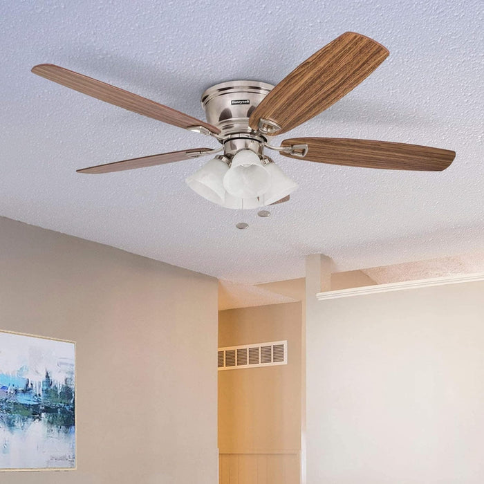 52 in. Classic Flush Mount Indoor LED Ceiling Fan with Light, Pull Chain, Quick-2-Hang, Fast Ceiling Fan Summer Winter, Brushed Nickel Ceiling Fan-11-ErisView