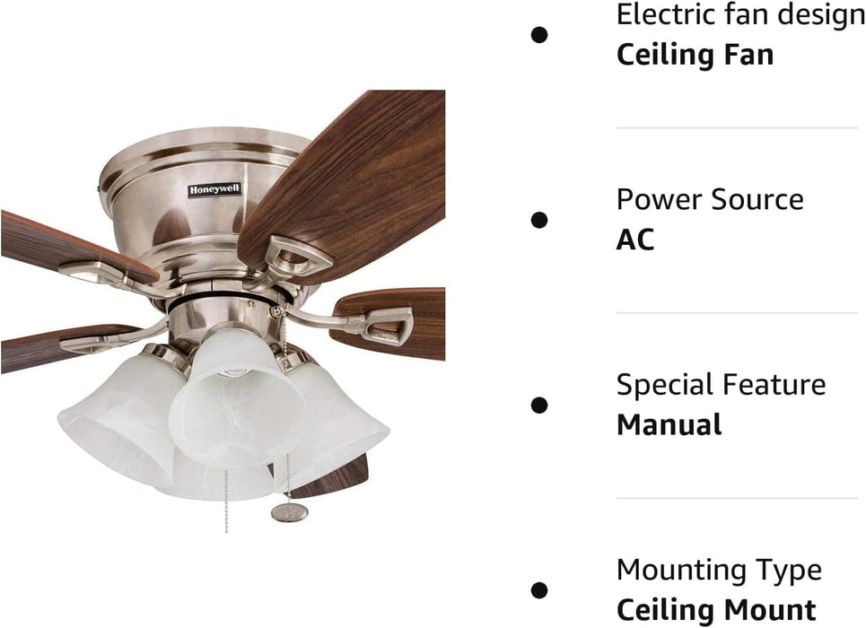 52 in. Classic Flush Mount Indoor LED Ceiling Fan with Light, Pull Chain, Quick-2-Hang, Fast Ceiling Fan Summer Winter, Brushed Nickel Ceiling Fan-14-ErisView