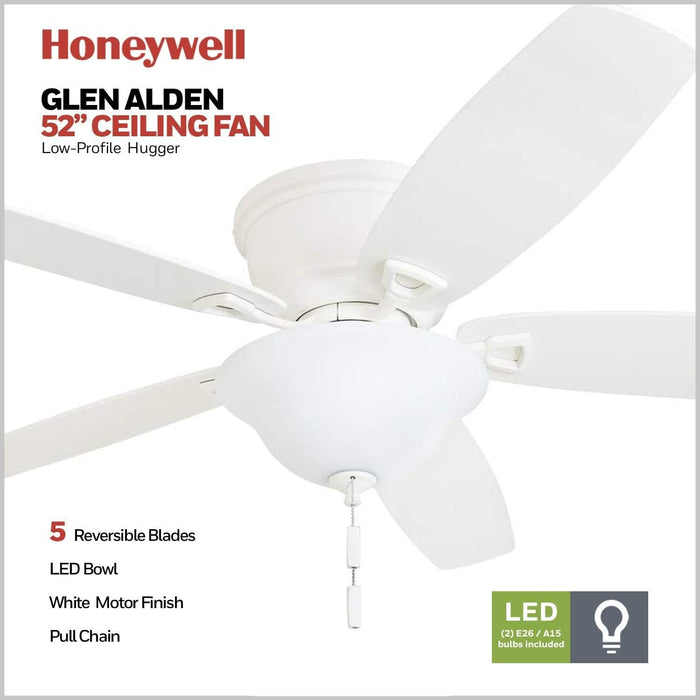 52 in. Classic Flush Mount Indoor LED Ceiling Fan with Light, Pull Chain, Quick-2-Hang, Fast Ceiling Fan Summer Winter, Brushed Nickel Ceiling Fan-16-ErisView