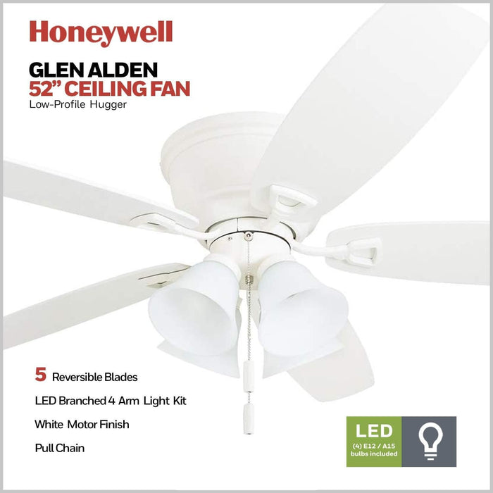 52 in. Classic Flush Mount Indoor LED Ceiling Fan with Light, Pull Chain, Quick-2-Hang, Fast Ceiling Fan Summer Winter, Brushed Nickel Ceiling Fan-28-ErisView