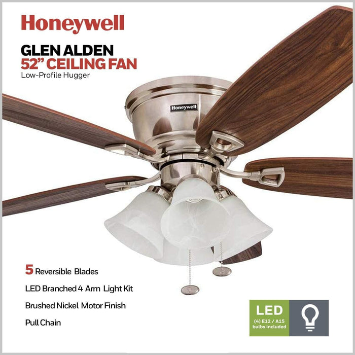 52 in. Classic Flush Mount Indoor LED Ceiling Fan with Light, Pull Chain, Quick-2-Hang, Fast Ceiling Fan Summer Winter, Brushed Nickel Ceiling Fan-2-ErisView