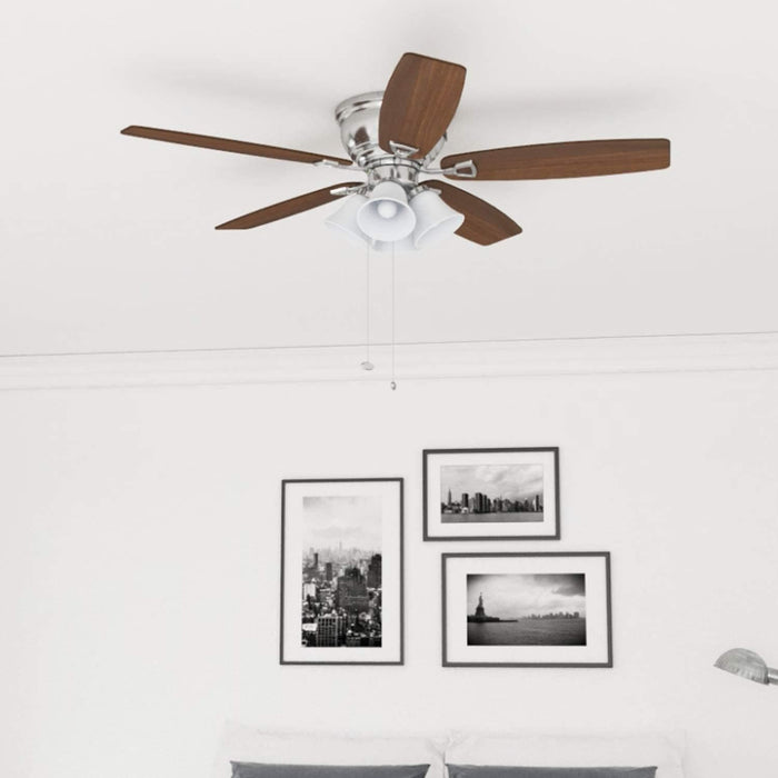 52 in. Classic Flush Mount Indoor LED Ceiling Fan with Light, Pull Chain, Quick-2-Hang, Fast Ceiling Fan Summer Winter, Brushed Nickel Ceiling Fan-3-ErisView