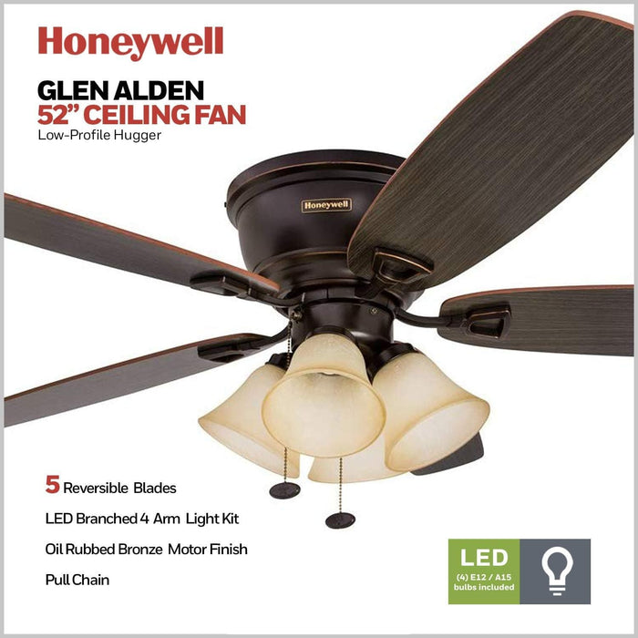 52 in. Classic Flush Mount Indoor LED Ceiling Fan with Light, Pull Chain, Quick-2-Hang, Fast Ceiling Fan Summer Winter, Brushed Nickel Ceiling Fan-40-ErisView