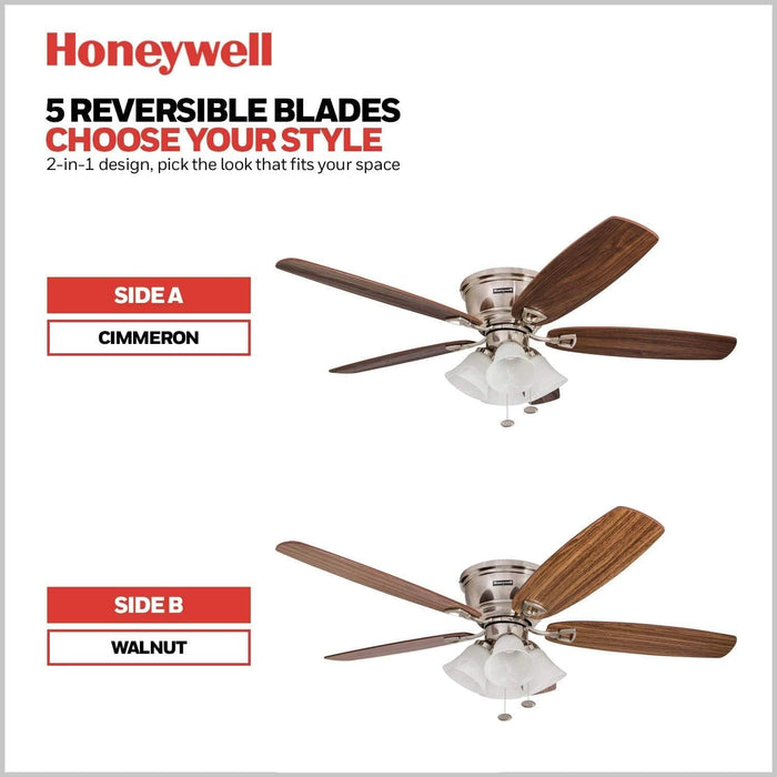52 in. Classic Flush Mount Indoor LED Ceiling Fan with Light, Pull Chain, Quick-2-Hang, Fast Ceiling Fan Summer Winter, Brushed Nickel Ceiling Fan-4-ErisView