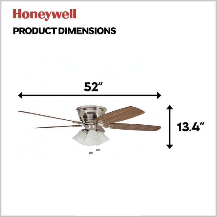 52 in. Classic Flush Mount Indoor LED Ceiling Fan with Light, Pull Chain, Quick-2-Hang, Fast Ceiling Fan Summer Winter, Brushed Nickel Ceiling Fan-8-ErisView
