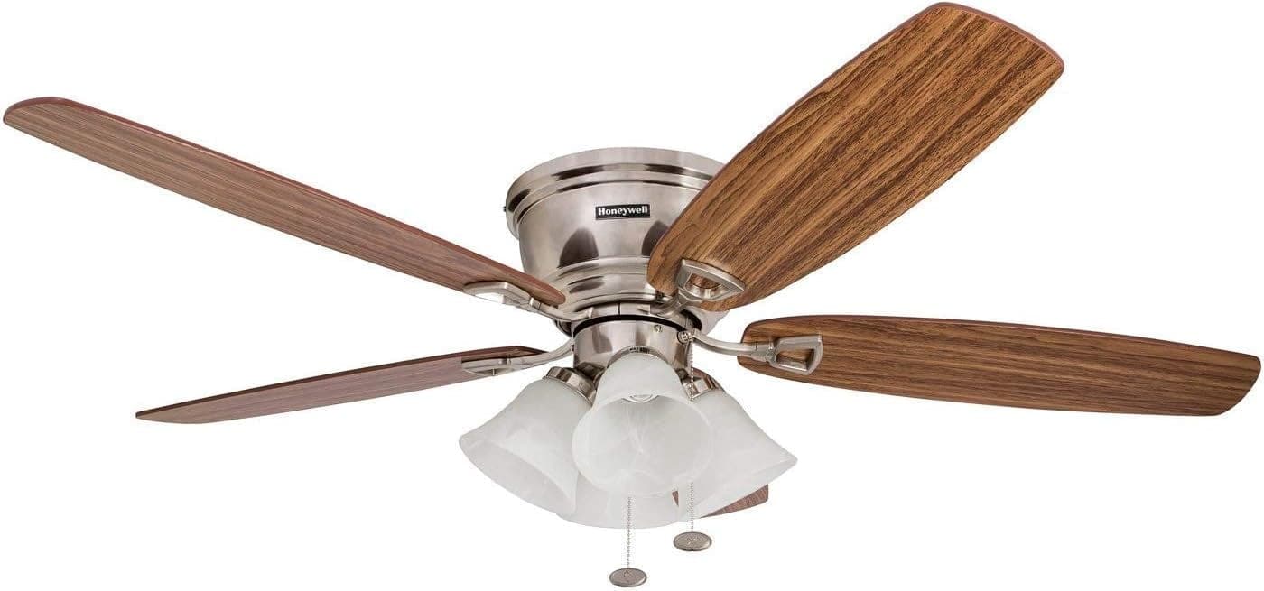 52 in. Classic Flush Mount Indoor LED Ceiling Fan with Light, Pull Chain, Quick-2-Hang, Fast Ceiling Fan Summer Winter, Brushed Nickel Ceiling Fan-9-ErisView