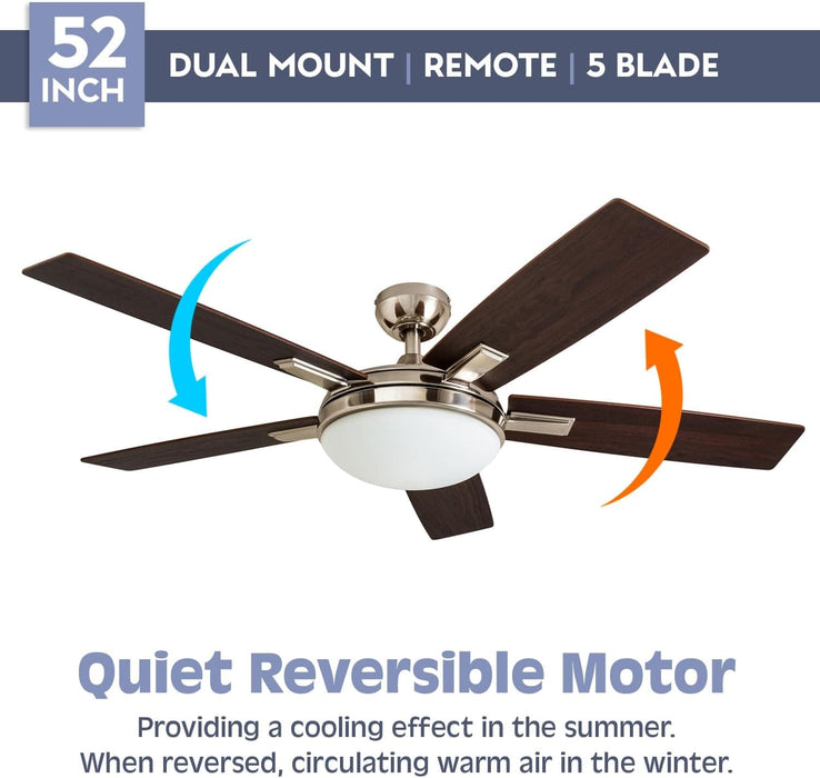 52 in. Contemporary Ceiling Fan with Light, Indoor Ceiling Fan and Light Remote Control, Reversible Ceiling Fan Winter Summer, Brushed Nickel Ceiling Fan-4-ErisView