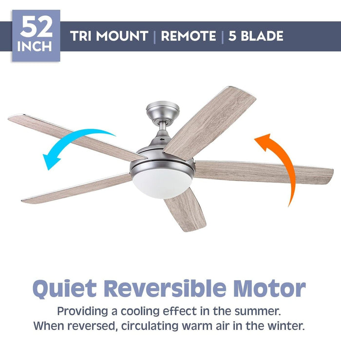 52 in. Contemporary Ceiling Fan with Light Indoor Ceiling Fan and Light Remote Control, Reversible Fan in Winter Summer, Pewter-4-ErisView