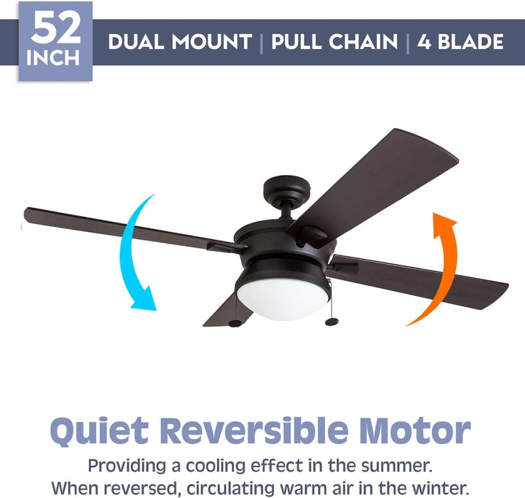 52 in. Contemporary Ceiling Fan with Light, Indoor Outdoor Ceiling Fan with Pull Chain, Reversible Fan for Summer Winter, Matte Black Outdoor Fan-4-ErisView