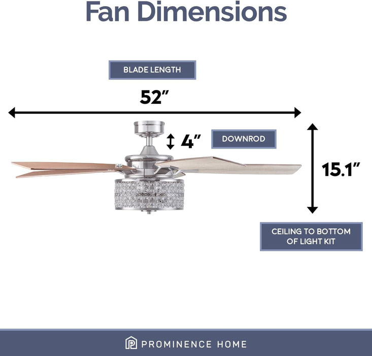 52 in. Crystal Chandelier Remote Control Ceiling Fans, Brushed Nickel Ceiling Fan-7-ErisView