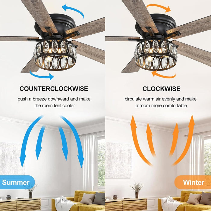 52 in. Crystal Flush Mount Black Ceiling Fan with Light Remote, 5 Reversible Blade Chandelier, Farmhouse Low Profile Ceiling Fan with for Bedroom -3-ErisView